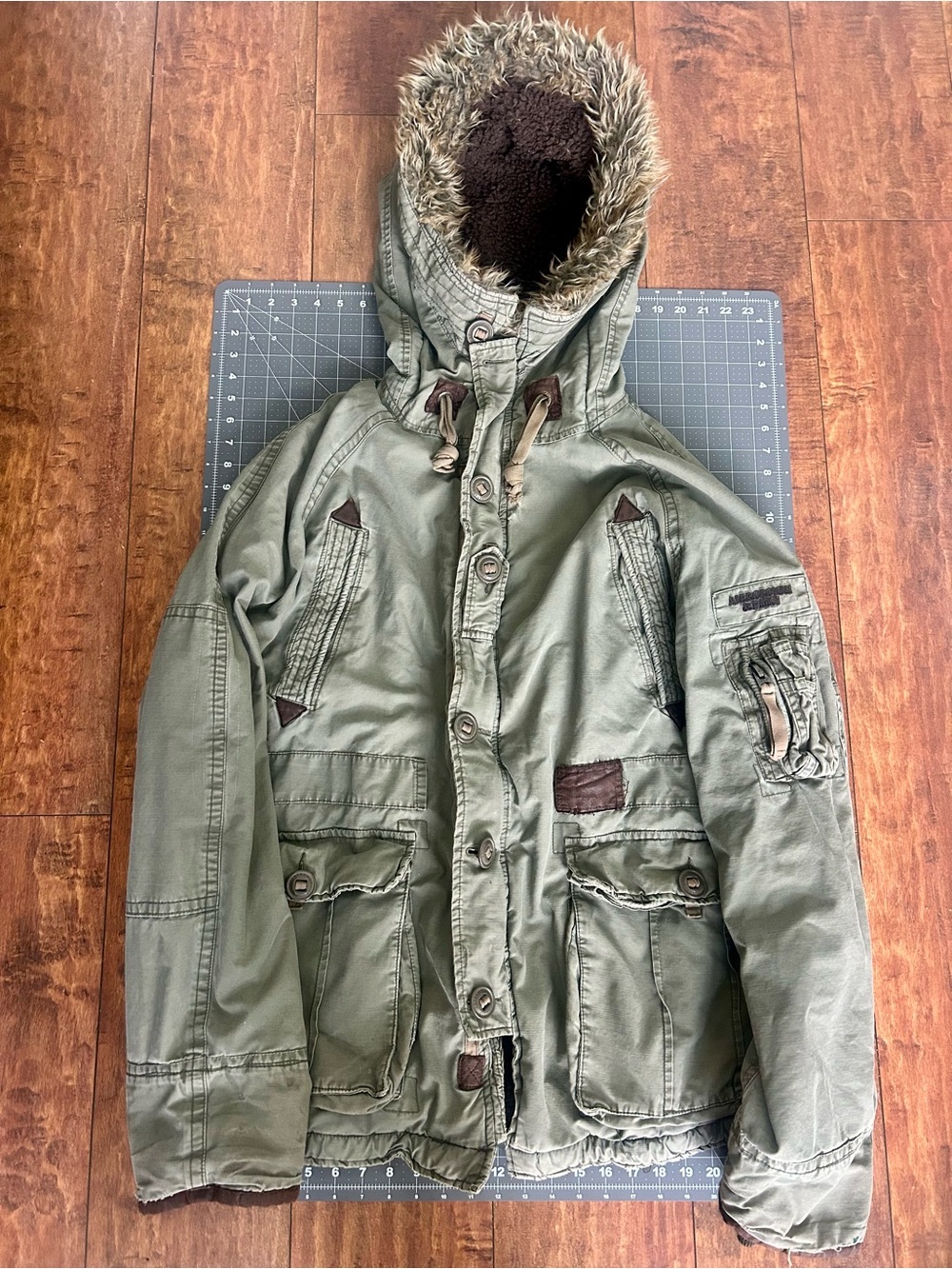 Abercrombie & Fitch Olive Green Hooded Military Field Jacket with Faux Fur Trim